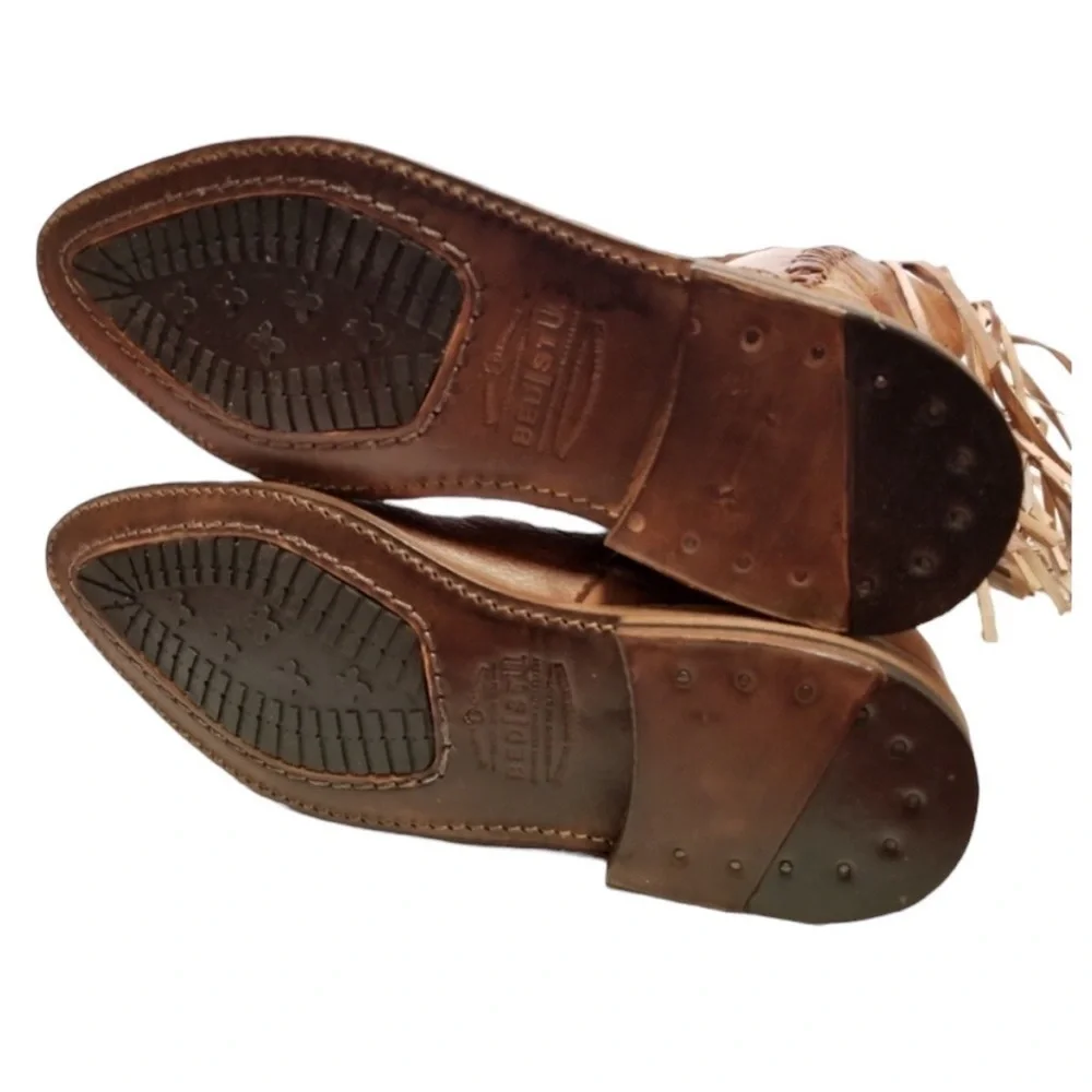 BED STU Hoplia Tan Driftwood Fringe Trim Riding Boots Size 7.5